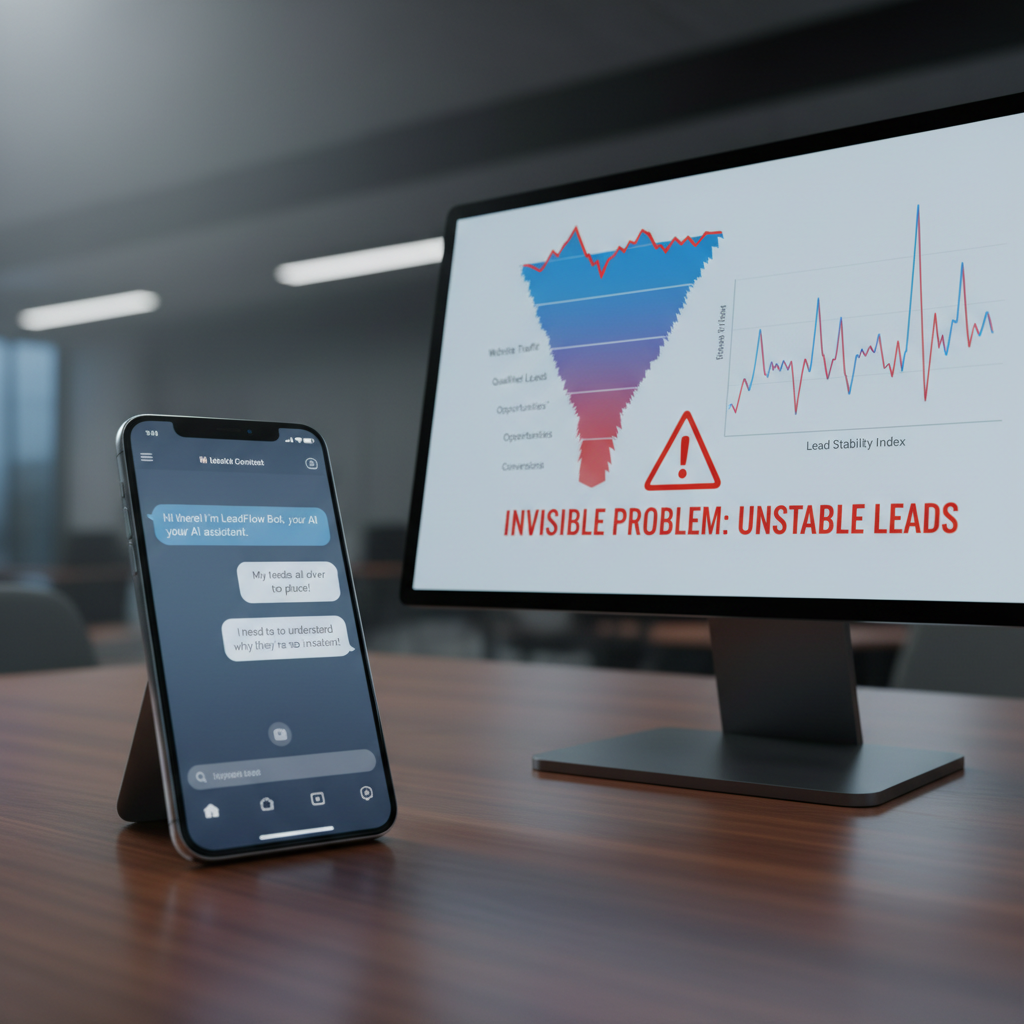 A photorealistic image of a smartphone screen displaying a chat interface with a chatbot, placed beside a desktop monitor showing a fluctuating leads funnel with jagged lines to illustrate the invisible problem of unstable leads. Cinematic lighting, professional studio quality, 8k.