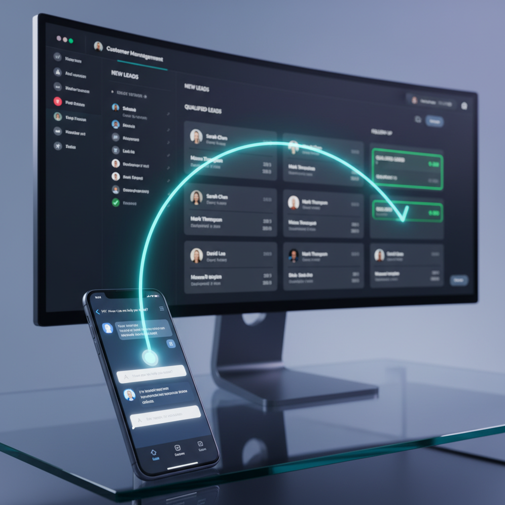 A photorealistic image of a smartphone with a polished chatbot interface in conversation, connected by a glowing line to a modern CRM dashboard on a computer screen showing neatly organized lead cards and clear indicators of qualified leads. Cinematic lighting, professional studio quality, 8k.
