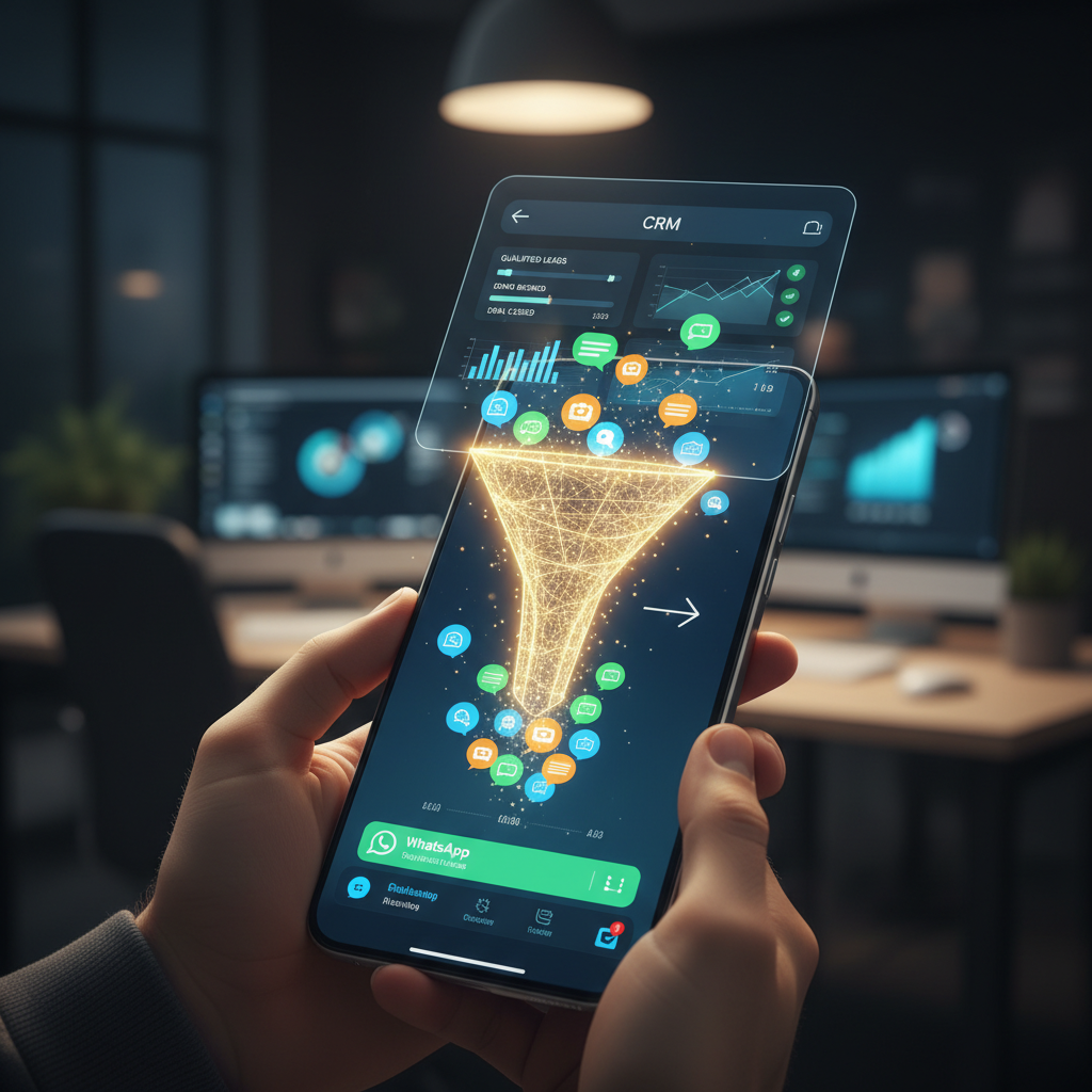 A photorealistic image of a smartphone screen displaying vibrant chat bubbles that gradually morph into a glowing sales funnel connected to a sleek CRM dashboard, illustrating the transformation of WhatsApp dialogues into qualified leads. Cinematic lighting, professional studio quality, 8k.
