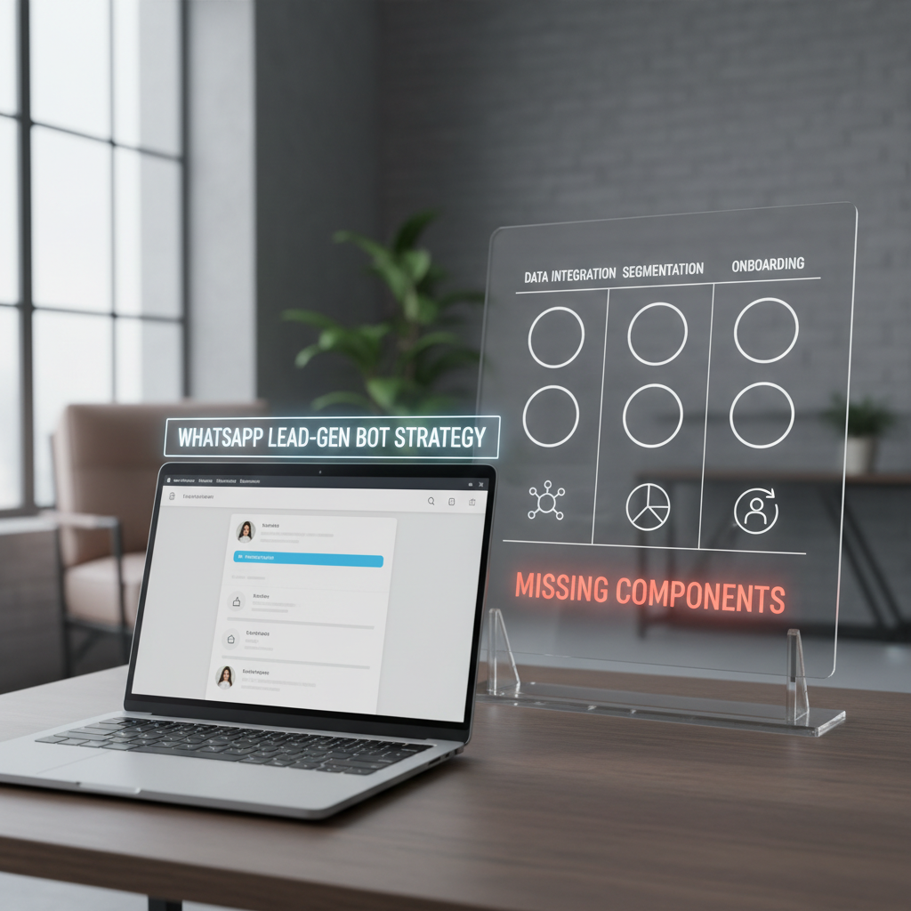 A photorealistic image of a modern workspace featuring a laptop with a messaging interface and a strategy board containing empty slots and icon-based symbols for data integration, segmentation, and onboarding, conveying what is missing in a WhatsApp lead-generation bot strategy. Cinematic lighting, professional studio quality, 8k.