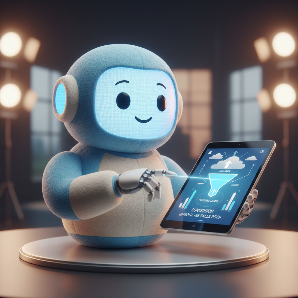A photorealistic image of a friendly chatbot assistant personified as a soft, approachable robot aiding a user on a tablet, with a visible funnel and rising indicators showing how doubts are converted into qualified leads without a salesy tone. Cinematic lighting, professional studio quality, 8k.