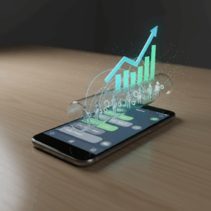 A photorealistic image of a smartphone on a clean desk showing a WhatsApp-like chat interface with several generic message bubbles; behind the screen, luminous data streams connect the chats to a glowing pipeline of lead icons and a rising business graph. Cinematic lighting, professional studio quality, 8k.