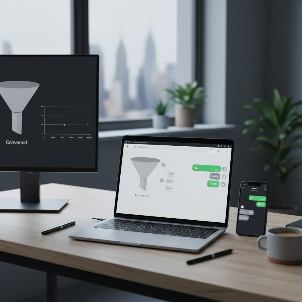 A photorealistic image of a modern workspace with a laptop and a smartphone displaying a WhatsApp-like chat interface delivering generic replies; a second monitor shows a stagnant funnel and a flat revenue chart to indicate leads not being captured. Cinematic lighting, professional studio quality, 8k.