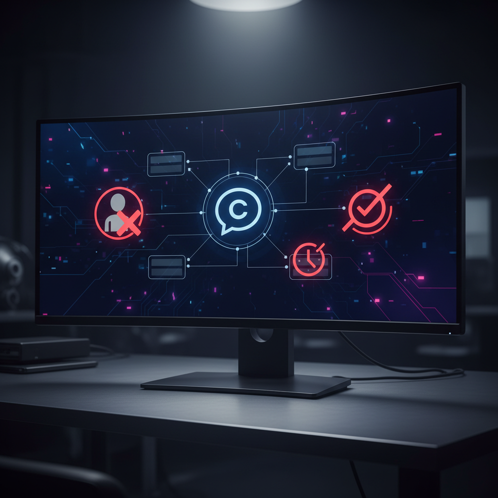 A photorealistic image of a large monitor illustrating an automation workflow with a chatbot, highlighting three issues: a generic user silhouette to symbolize lack of personalization, a clock icon to symbolize slow pace, and a crossed-checkmark icon to symbolize failed qualification; no text visible on screen. Cinematic lighting, professional studio quality, 8k.