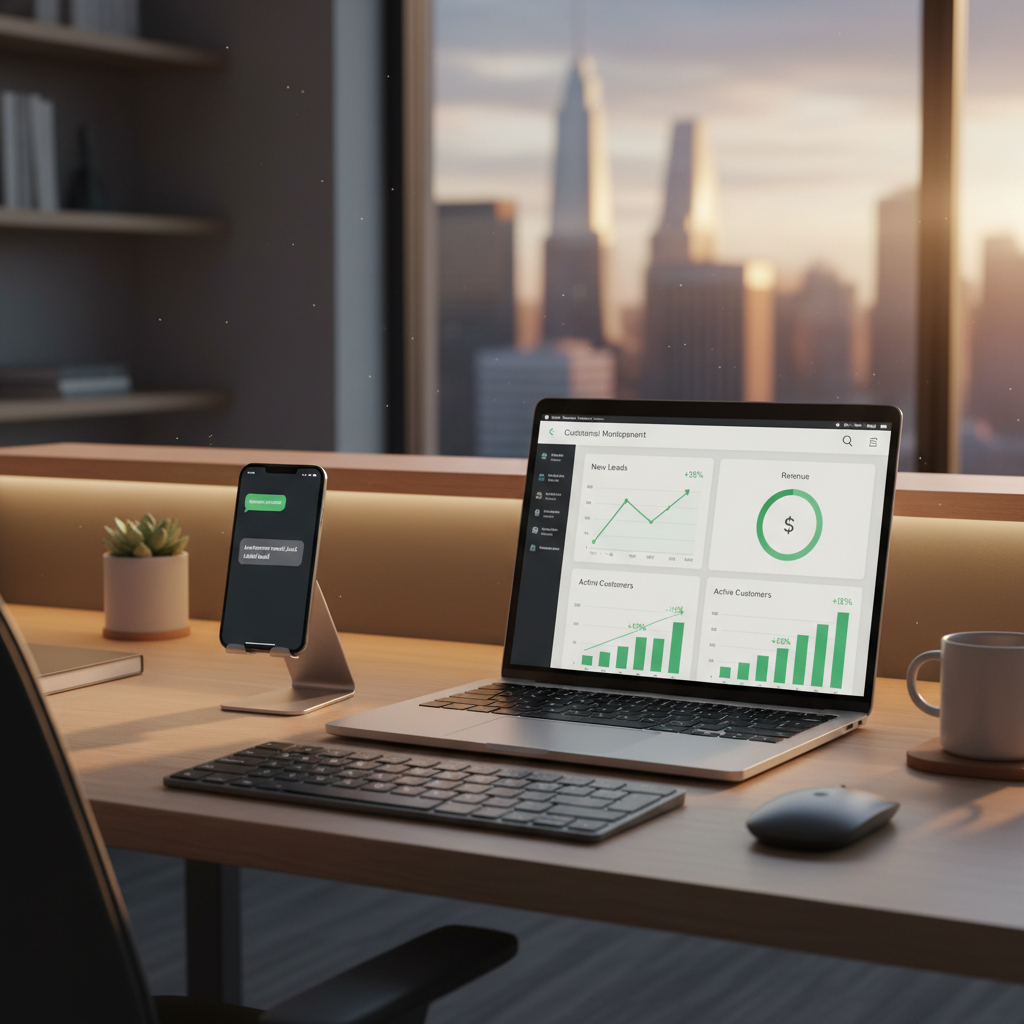 A photorealistic image of a modern desk setup with a smartphone displaying a chat app and a laptop showing a CRM dashboard with rising lead and customer metrics. Cinematic lighting, professional studio quality, 8k.