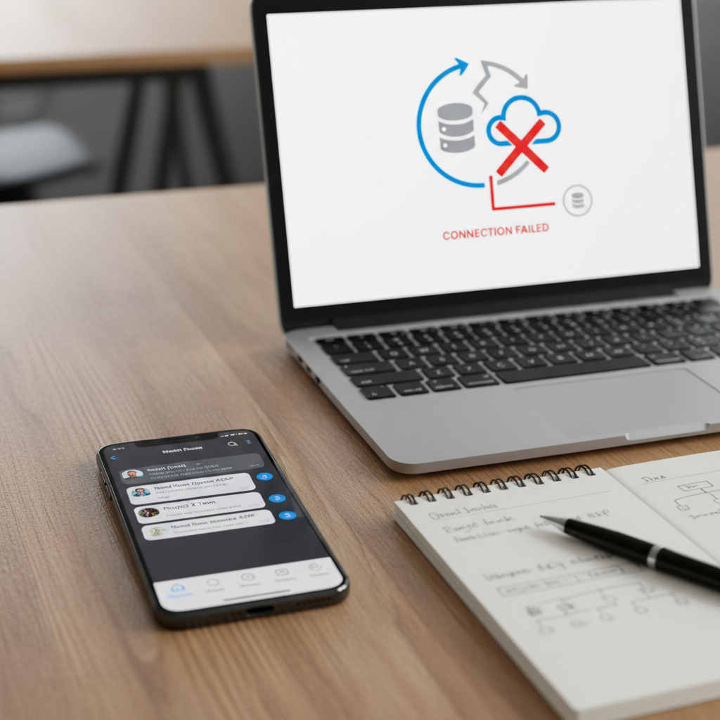 A photorealistic image of a smartphone screen displaying a WhatsApp-like chat with several unread messages, placed on a desk beside a laptop showing a CRM integration icon with a broken connection and a notebook. Cinematic lighting, professional studio quality, 8k.