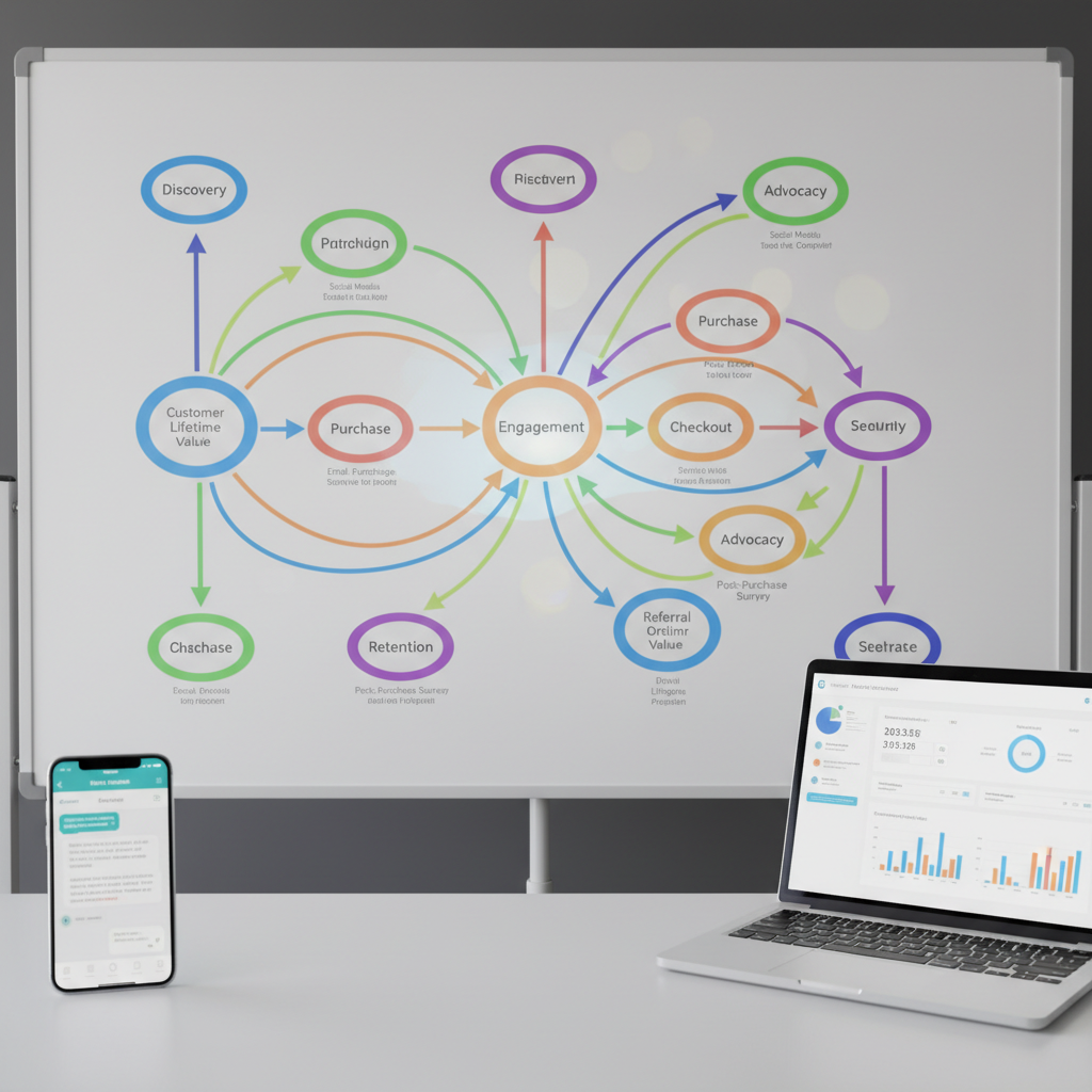 A photorealistic image of a whiteboard mapped with a colorful customer journey flow using circles and arrows, a smartphone showing a messaging app beside it, and a laptop displaying a conversion dashboard. Cinematic lighting, professional studio quality, 8k.