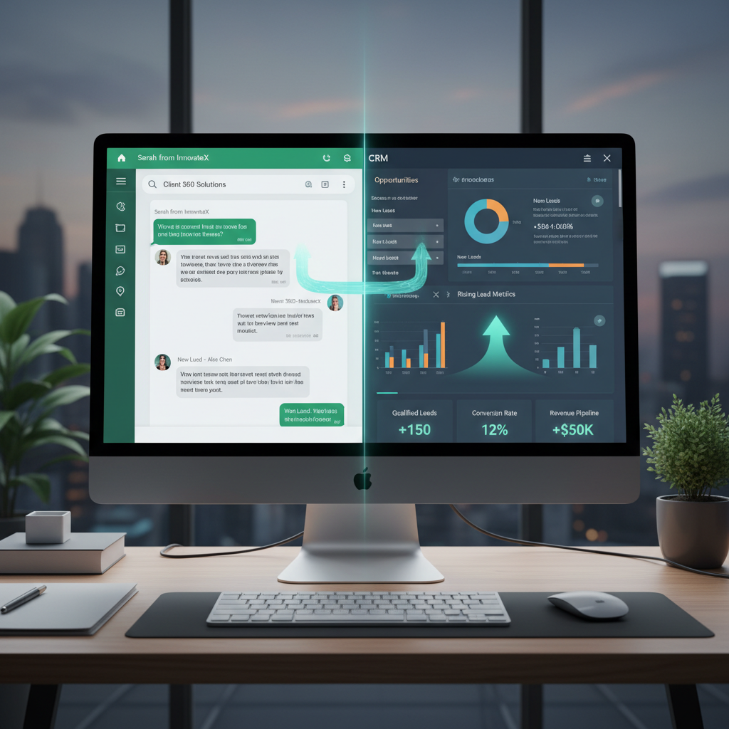 A photorealistic image of a split-screen workstation showing a WhatsApp-style chat interface on the left and a sophisticated CRM dashboard on the right, with a glowing flow from conversations to opportunities and rising lead metrics. Cinematic lighting, professional studio quality, 8k.