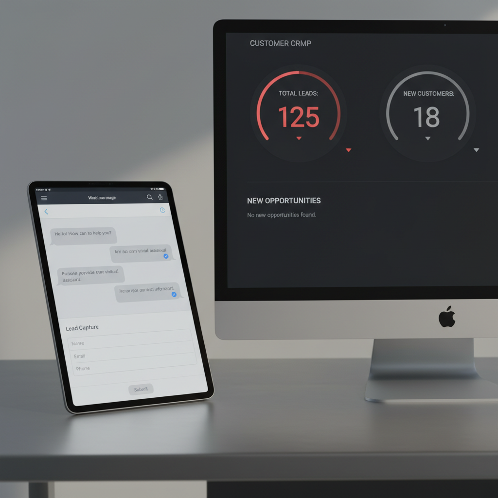A photorealistic image of a tablet displaying a WhatsApp-style chat interface with inert bot bubbles and an empty lead capture panel, beside a CRM dashboard showing stagnant numbers and no new opportunities. Cinematic lighting, professional studio quality, 8k.
