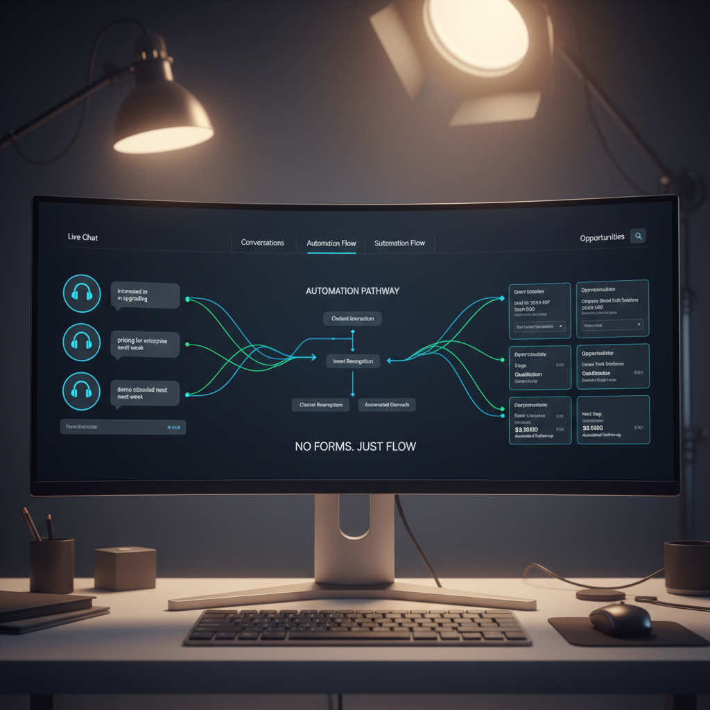 A photorealistic image of a modern CRM dashboard on a large monitor, illustrating conversations directly creating opportunities through automation, with lines connecting chat icons to opportunity cards and no forms involved. Cinematic lighting, professional studio quality, 8k.