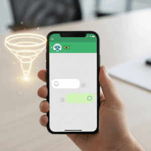A photorealistic image of a Brazilian WhatsApp-style chatbot on a smartphone, held by a hand on a clean desk in a modern office, with blank chat bubbles and subtle icons suggesting a polite, non-aggressive lead-capture conversation, and a soft lead funnel visualization in the background, with no legible text visible. Cinematic lighting, professional studio quality, 8k.