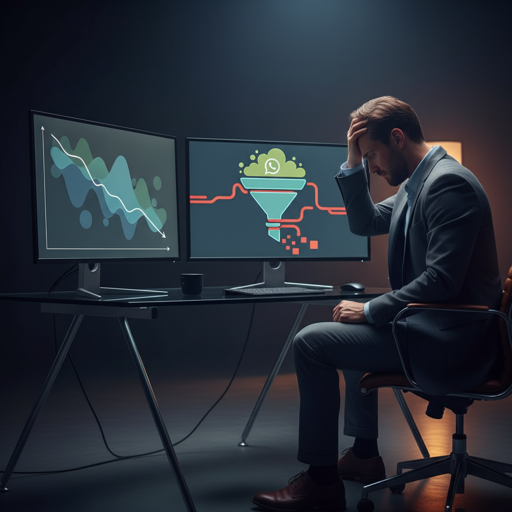 A photorealistic image of a marketer at a desk with two monitors displaying abstract charts and a funnel indicating poor conversion from WhatsApp chats into customers; no legible labels or numbers, just shapes and colors conveying the problem, with no legible text visible. Cinematic lighting, professional studio quality, 8k.