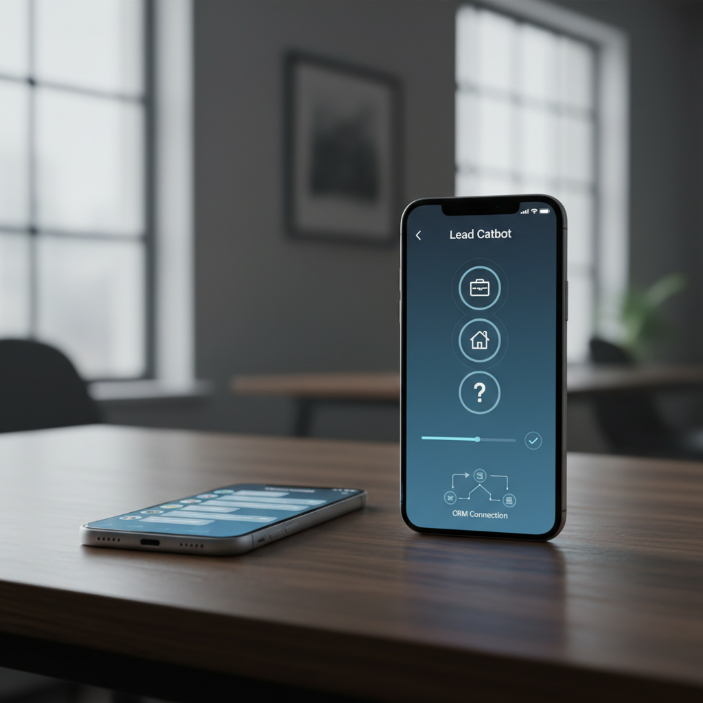 A photorealistic image of two smartphones on a desk, left showing a generic chat interface, right showing a lead-capture chatbot flow with icon-based qualification steps, progress indicators, and a CRM connection diagram; no legible text visible. Cinematic lighting, professional studio quality, 8k.