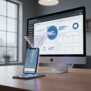 A photorealistic image of a smartphone on a desk showing a chat interface with no leads captured, a vivid data funnel flowing from the phone into a clean CRM dashboard on a desktop monitor. Cinematic lighting, professional studio quality, 8k.