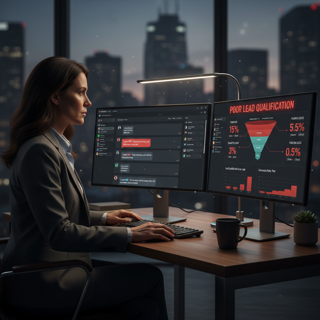 A photorealistic image of a professional at a desk looking at two monitors: the left displays a chat-like interface with multiple conversations, the right displays an analytics dashboard with a conversion funnel and metrics indicating poor lead qualification. Cinematic lighting, professional studio quality, 8k.
