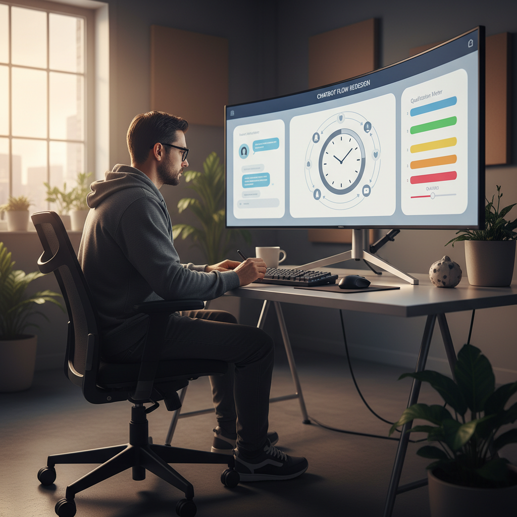 A photorealistic image of a designer refining a chatbot UI on a large monitor, with three panels: a clean UX mockup, a timing/notification sequence diagram represented by a clock and arrows, and a qualification meter with colored bars. Cinematic lighting, professional studio quality, 8k.