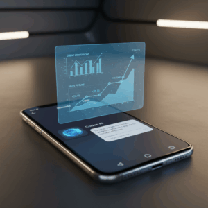 A photorealistic image of a smartphone displaying a messaging app interface with an OpenAI-powered chatbot avatar actively interpreting user intents and a floating holographic dashboard showing rising client conversions. Cinematic lighting, professional studio quality, 8k.