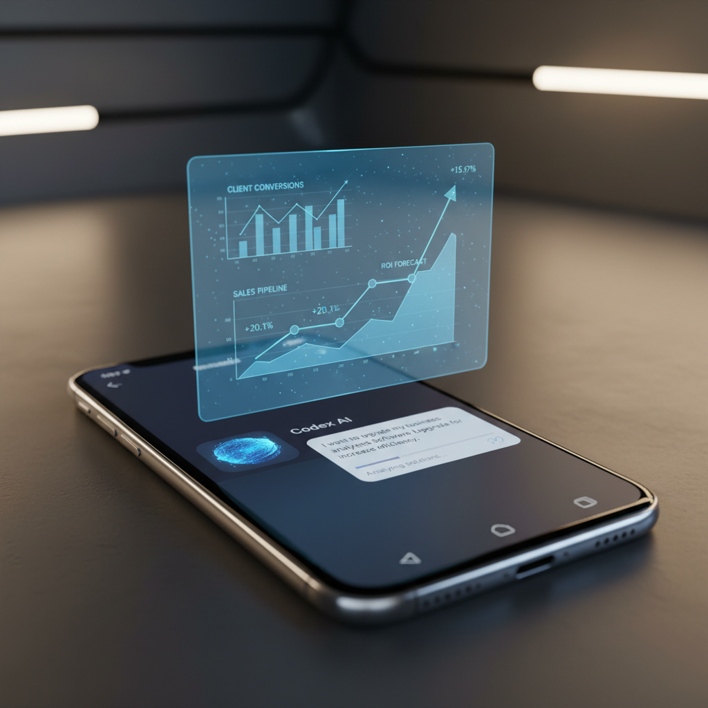 A photorealistic image of a smartphone displaying a messaging app interface with an OpenAI-powered chatbot avatar actively interpreting user intents and a floating holographic dashboard showing rising client conversions. Cinematic lighting, professional studio quality, 8k.