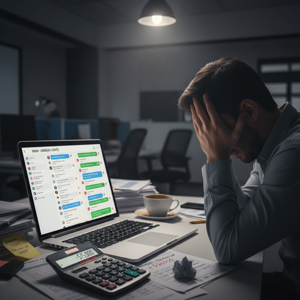 A photorealistic image of a sales agent overwhelmed by a backlog of messages on a WhatsApp-like chat interface on a laptop, with a calculator and coffee cup on the desk, illustrating the cost of manual follow-up. Cinematic lighting, professional studio quality, 8k.
