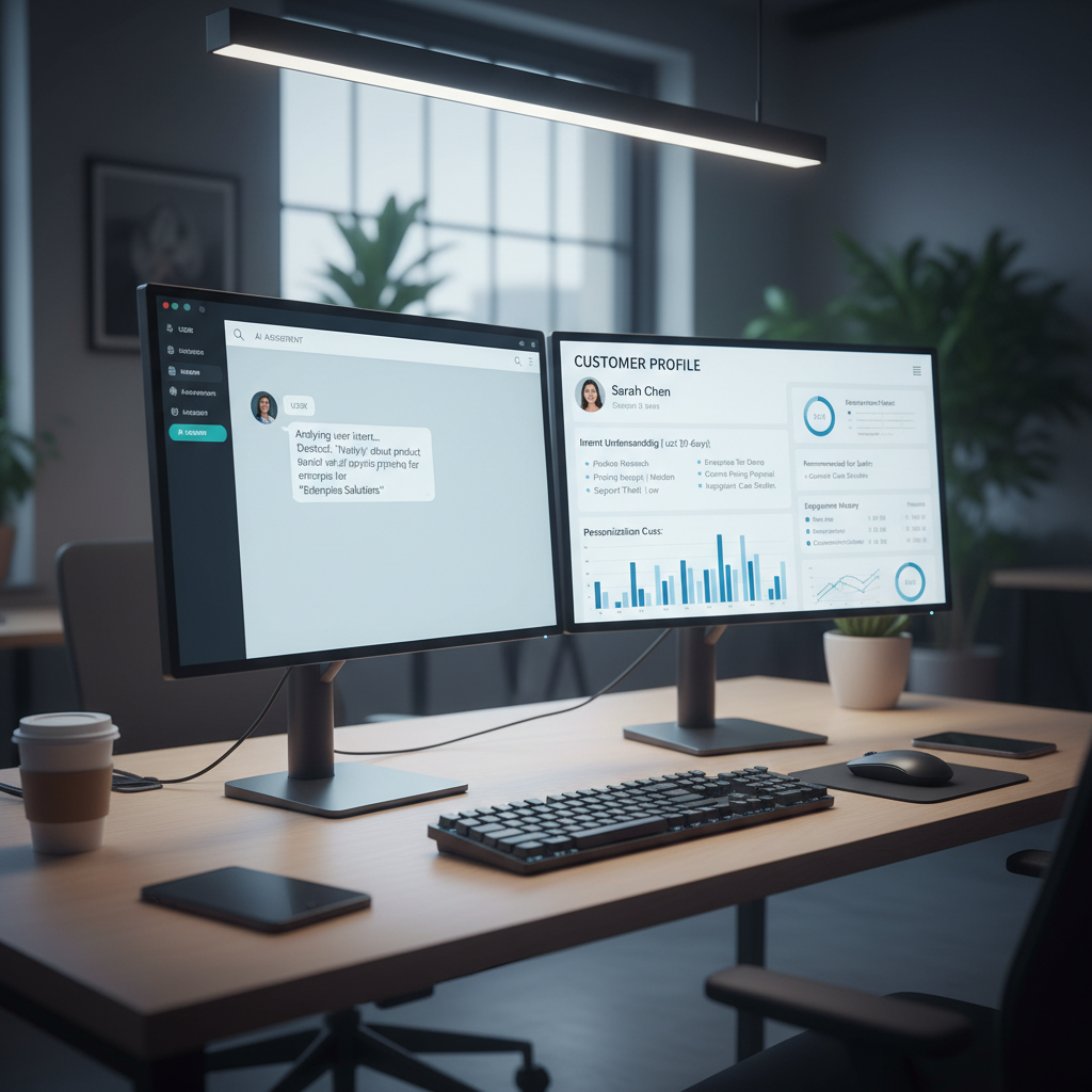 A photorealistic image of a modern workspace with a dual-monitor setup: left monitor shows a chat window where an AI assistant analyzes a user's intent, right monitor displays a detailed customer profile with data points and personalization cues, illustrating intent understanding and personalization. Cinematic lighting, professional studio quality, 8k.
