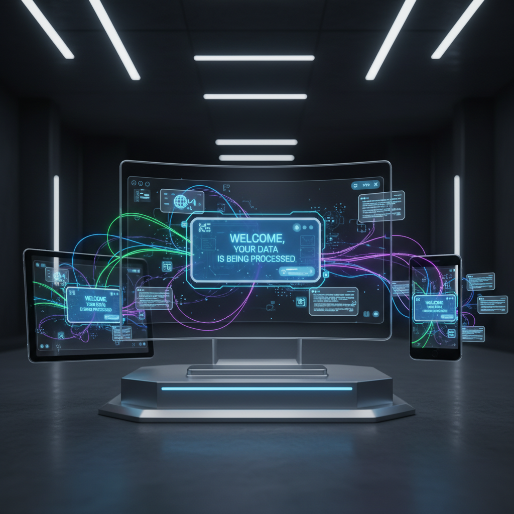 A photorealistic image of a futuristic chatbot interface on multiple devices capturing information automatically before any contact is requested, with glowing data streams and floating data cards emerging from the chat window. Cinematic lighting, professional studio quality, 8k.