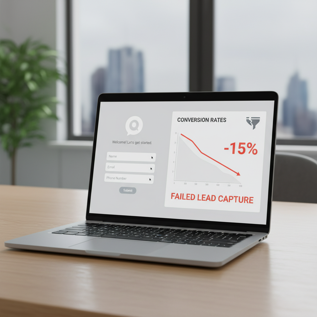 A photorealistic image of a modern laptop displaying a chatbot with empty data capture fields and a nearby analytics dashboard showing a downward trend in conversions, illustrating the problem of failed lead capture. Cinematic lighting, professional studio quality, 8k.