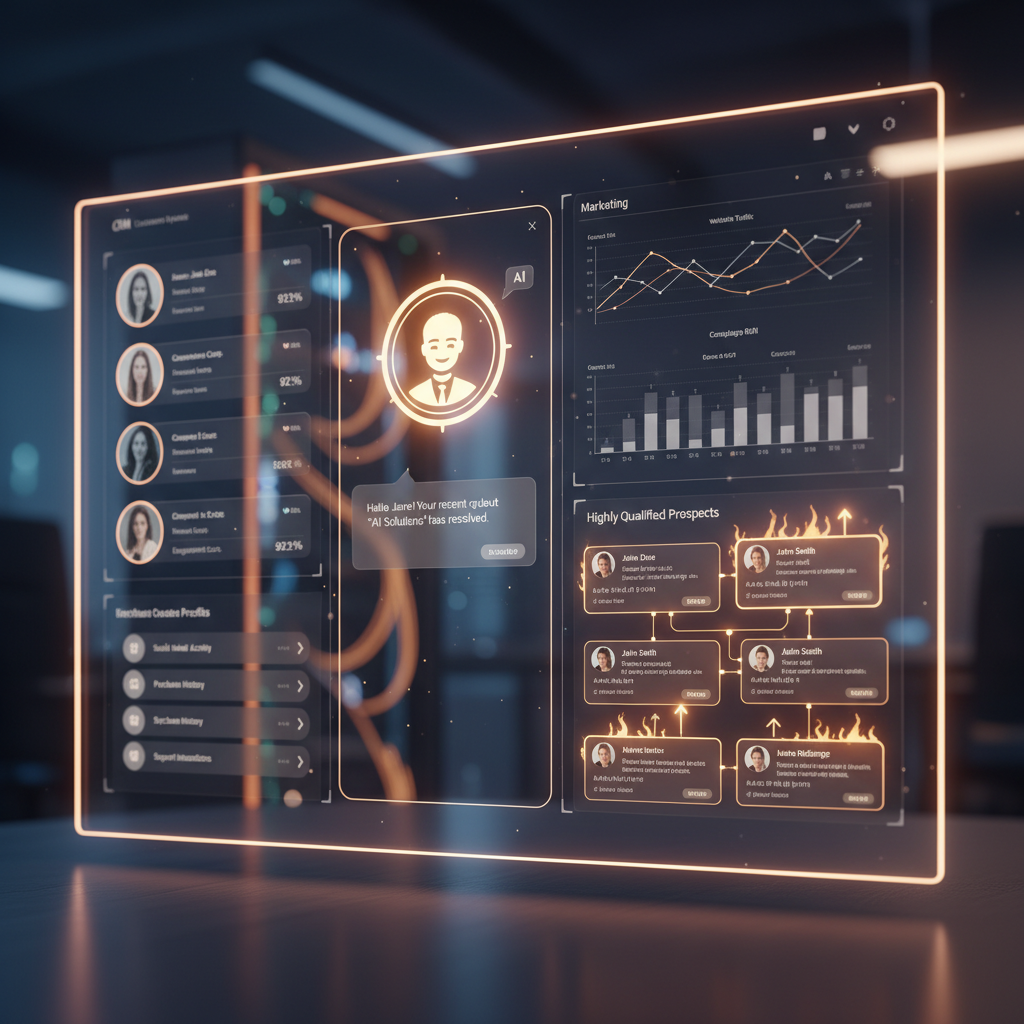 A photorealistic image of an AI-powered chatbot integrated with a CRM and marketing analytics, showing enriched customer profiles, seamless data synchronization, and glowing indicators of highly qualified prospects. Cinematic lighting, professional studio quality, 8k.