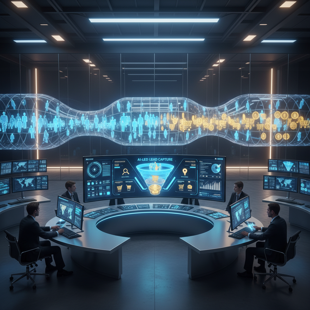 A photorealistic image of a modern marketing command center with a large central monitor showing an AI-led lead capture dashboard and a vivid funnel from top visitors to bottom customers. Behind the desk, a glass wall reveals a glowing, pipe-like data conduit carrying floating icons of people that morph into shopping cart icons and coin icons along its length. Cinematic lighting, professional studio quality, 8k.