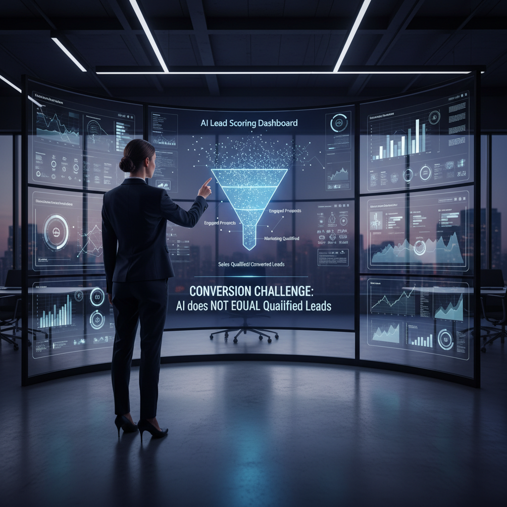 A photorealistic image of a data analyst in a sleek office examining a wall of screens and graphs, with an AI-driven lead scoring dashboard visible on the primary monitor. The funnel shows the majority of data points lingering in the top stage while the lower stages are sparsely populated, illustrating why AI does not convert visitors into qualified leads. Cinematic lighting, professional studio quality, 8k.