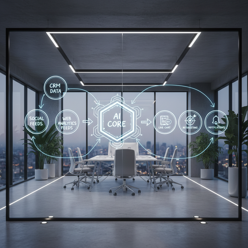 A photorealistic image of a modern office with a large glass board illustrating a data-driven strategy flowing from data sources into a central AI core, which outputs concrete capture actions represented by icons for live chat, dynamic forms, retargeting, and notifications, all connected in a clear workflow. Cinematic lighting, professional studio quality, 8k.