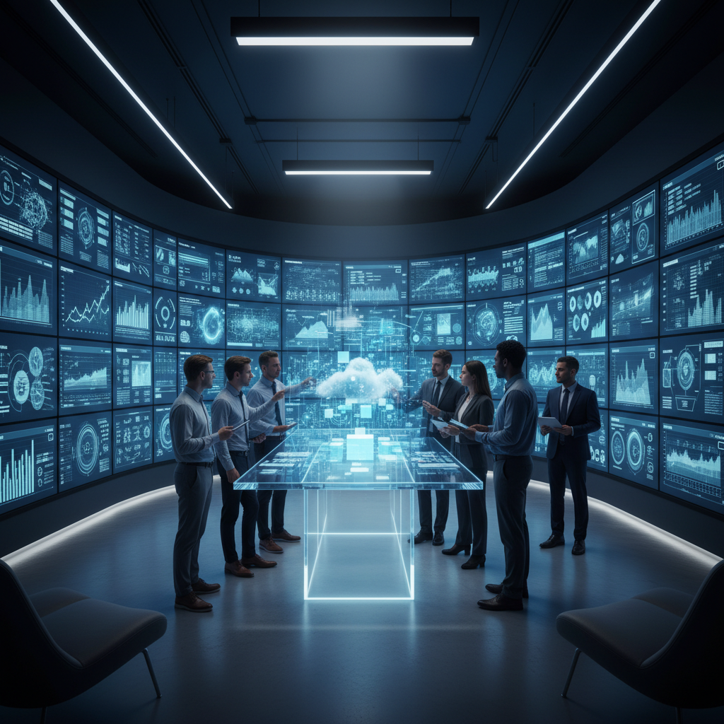 A photorealistic image of a modern data operations center with a curved wall of screens displaying dynamic dashboards; a central transparent console projects a real-time data flow from raw datasets to actionable insights, while a diverse marketing team in smart-casual attire studies the displays. Cinematic lighting, professional studio quality, 8k.