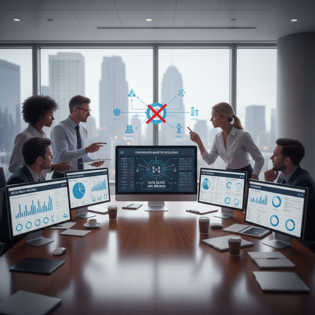 A photorealistic image of a marketing team at a conference table with multiple monitors around showing separate analytics from social media, paid search, email campaigns, and CRM; the largest monitor displays a single consolidated dashboard linking all data sources to illustrate data silos. Cinematic lighting, professional studio quality, 8k.