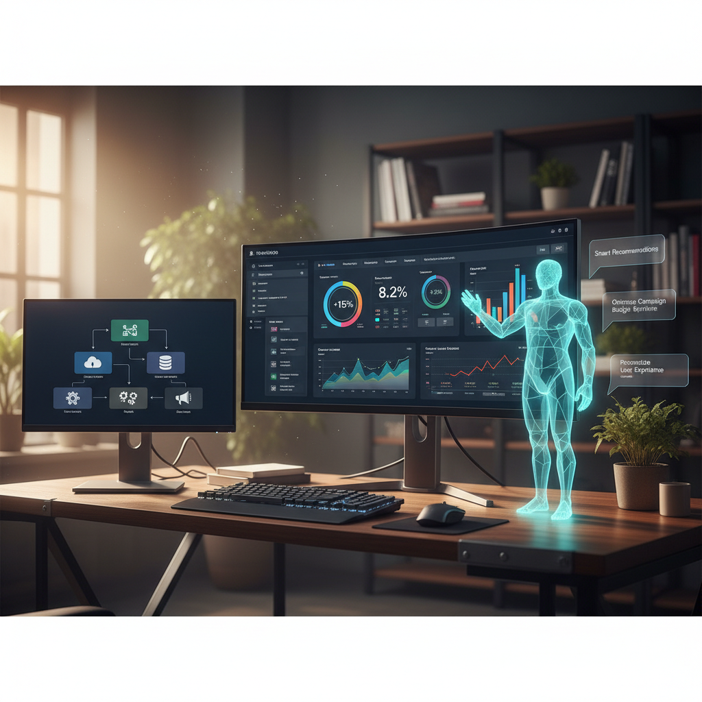 A photorealistic image of a workspace with a large central monitor showing a metrics dashboard with KPIs, another screen displaying an automated workflow with steps and icons for data ingestion, processing, and activation, and a subtle holographic AI assistant presenting recommendations to the user. Cinematic lighting, professional studio quality, 8k.