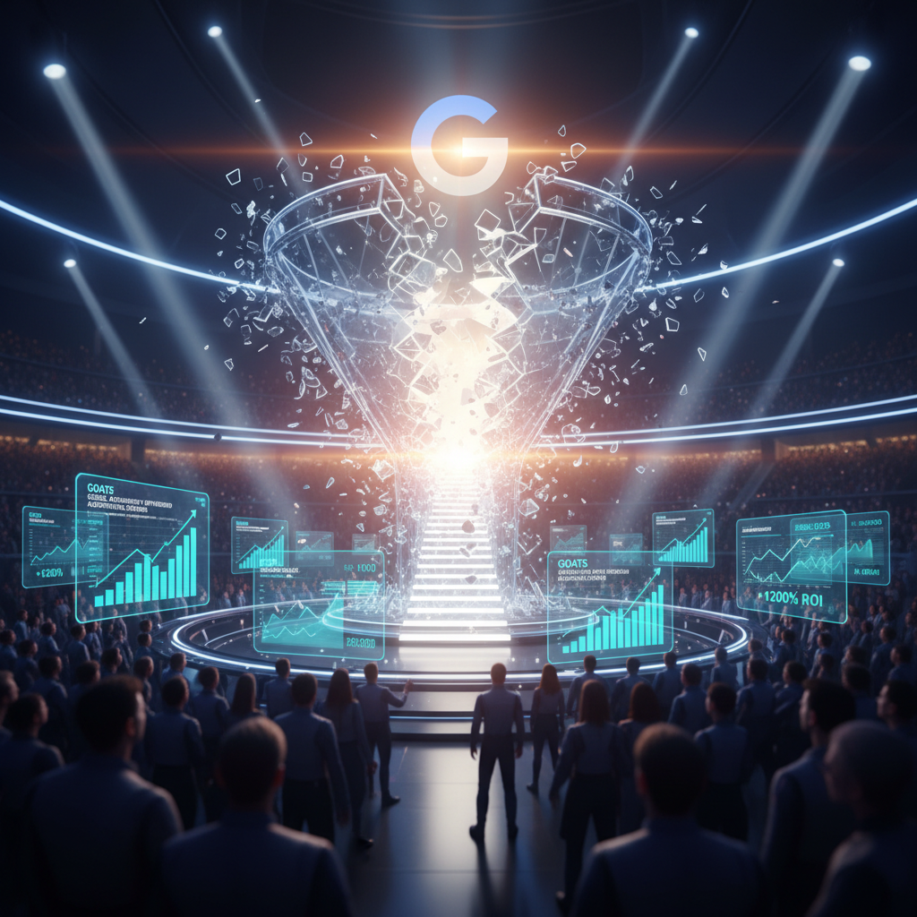 A photorealistic image of Google Atigravity's launch breaking the marketing funnel, featuring a colossal translucent funnel shattering with a glowing staircase rising from the crack toward a bright horizon, in a high-tech arena with an audience and hovering holographic dashboards showing rising metrics. Cinematic lighting, professional studio quality, 8k.