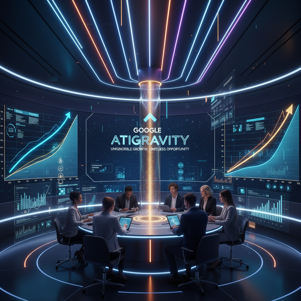 A photorealistic image of a high-tech command center illustrating the promises of Google Atigravity and why it can't be ignored, with curved screens projecting rising conversion curves, a central glowing pillar representing opportunity, and a team of marketers analyzing data under dynamic neon lighting. Cinematic lighting, professional studio quality, 8k.