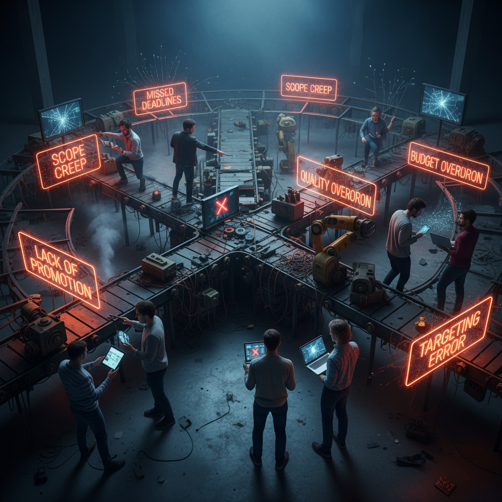 A photorealistic image of the main traps in the launch that can sabotage your content, depicted as a maze around an editorial production line with blocked conveyors, cracked gears, and warning neon indicators while a diverse team of editors navigates with tablets and laptops. Cinematic lighting, professional studio quality, 8k.