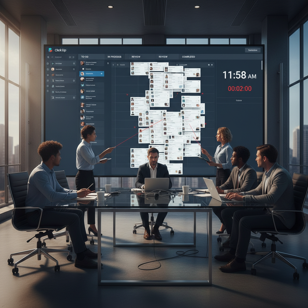 A photorealistic image of a modern project command center with a wall-sized screen showing a ClickUp-like kanban board; one column is visibly congested with task cards while team members study the board at a glass table and a clock shows looming deadlines. Cinematic lighting, professional studio quality, 8k.