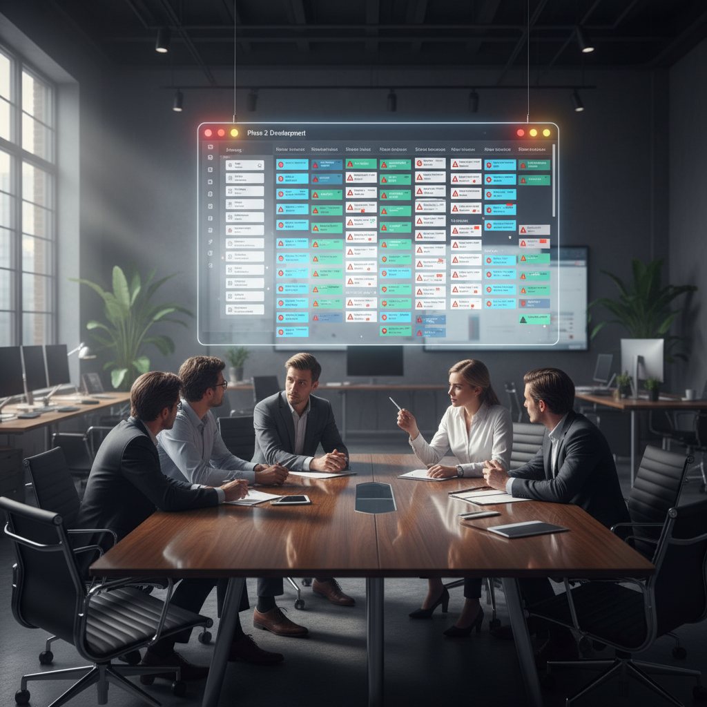 A photorealistic image of a project team in a sleek office analyzing a ClickUp-like dashboard where a single column is overloaded with tasks and warning indicators appear, while colleagues discuss around a conference table. Cinematic lighting, professional studio quality, 8k.