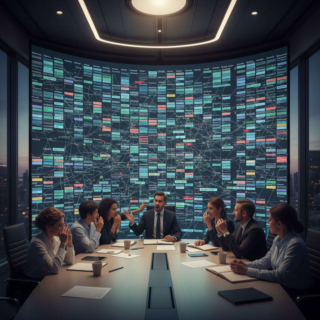 A photorealistic image of a conference room with a large screen displaying a sprawling, multi-column project layout containing many lanes and overlapping tasks, causing confusion for the team as they review the board. Cinematic lighting, professional studio quality, 8k.