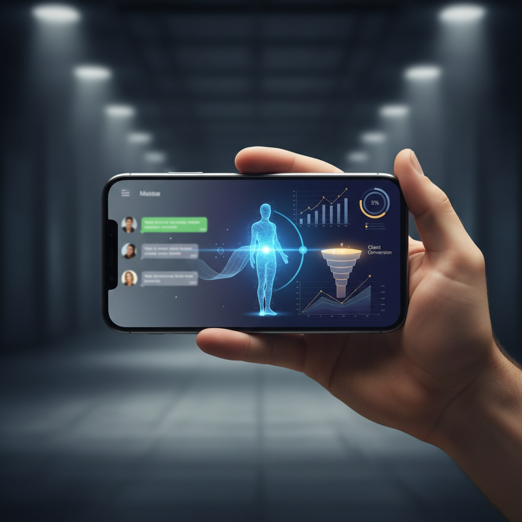 A photorealistic image of a hand holding a smartphone that displays a WhatsApp-style chat interface on the left, morphing into a sleek business analytics dashboard on the right, with a glowing AI assistant silhouette guiding the transition from casual conversation to a client conversion funnel. No visible text. Cinematic lighting, professional studio quality, 8k.