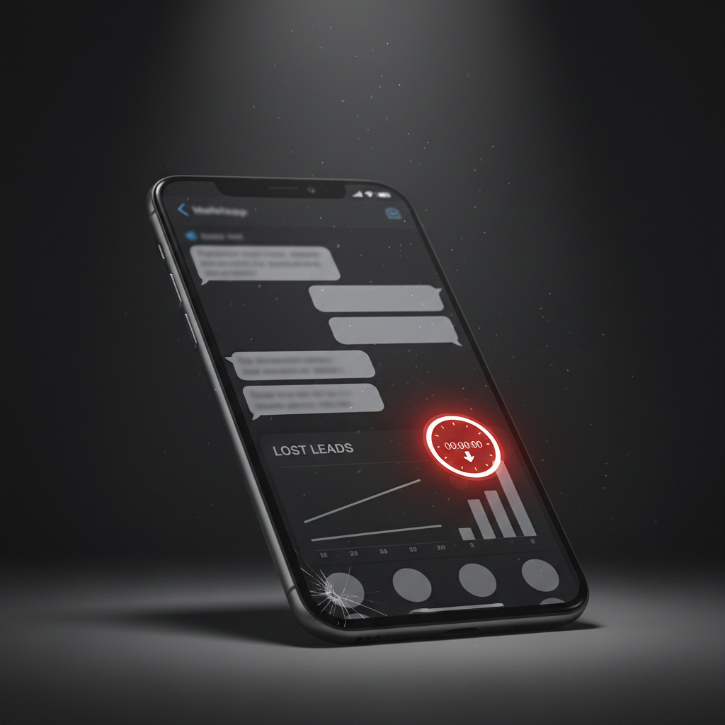 A photorealistic image of a smartphone screen displaying a WhatsApp-like chat thread that shows stalled responses and a stagnant sales dashboard with empty customer fields and a red countdown icon, illustrating lost sales opportunities. No visible text. Cinematic lighting, professional studio quality, 8k.