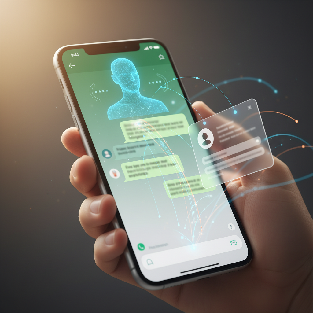 A photorealistic image of a smartphone showing a WhatsApp-style chat interface with a translucent AI assistant avatar typing in real time and delivering personalized responses, alongside a floating customer profile card and live data streams feeding back into the chat. No visible text. Cinematic lighting, professional studio quality, 8k.