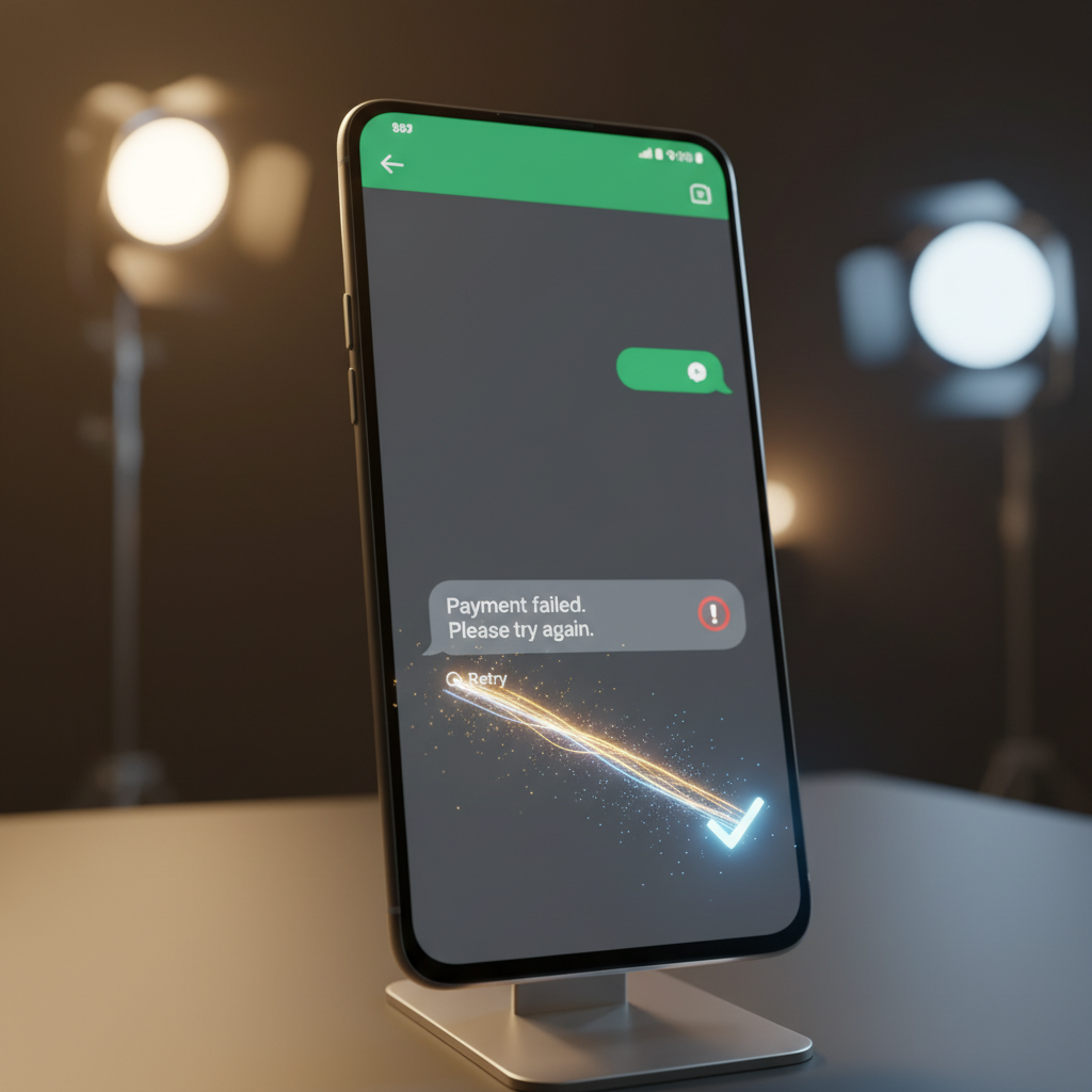 A photorealistic image of a smartphone screen displaying a WhatsApp-like chat interface with a red error icon on a message bubble and a separate luminous pathway suggesting a successful workaround. Cinematic lighting, professional studio quality, 8k.