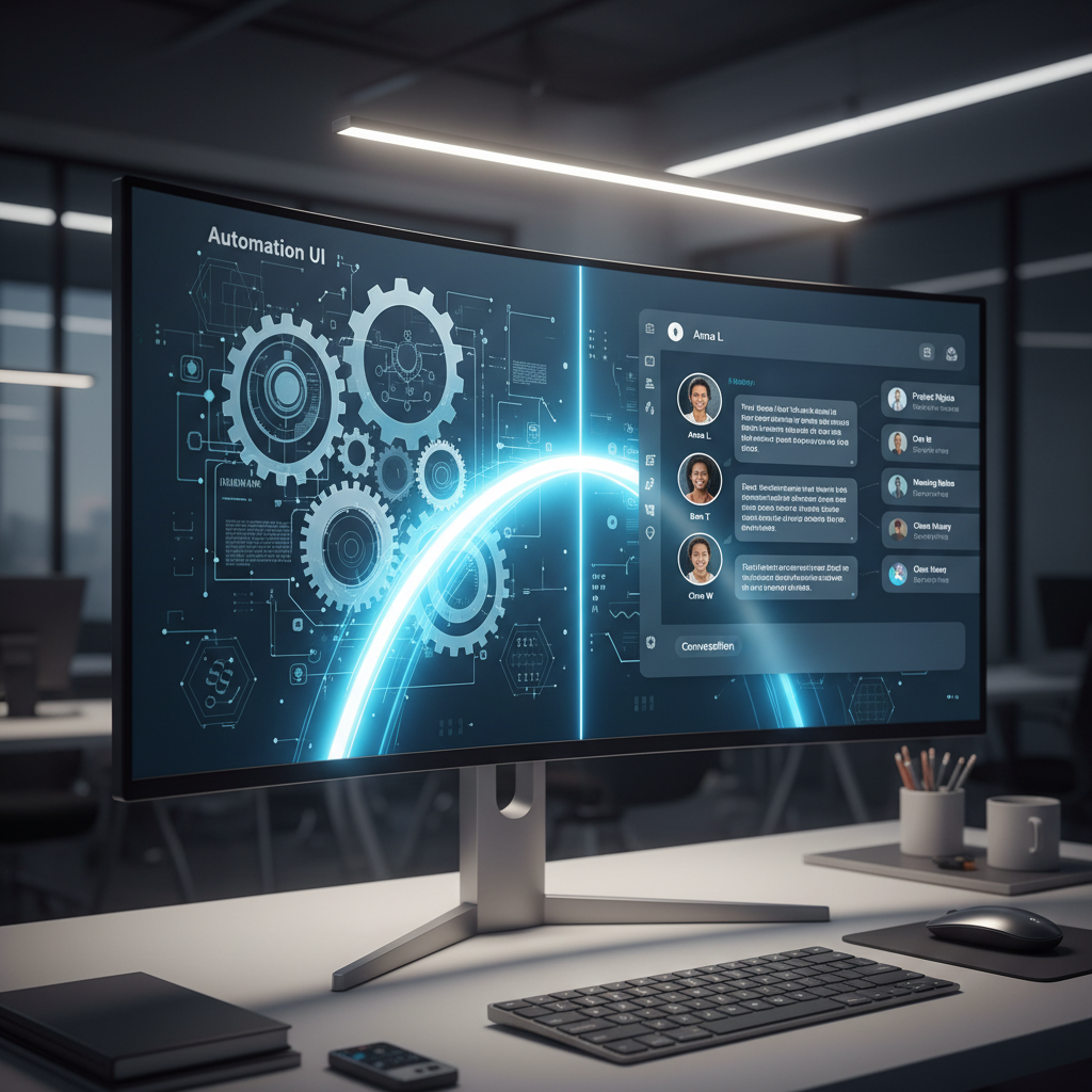 A photorealistic image of a workstation where a generic automation UI with gears transitions to a contextual conversation UI showing avatars and contextual cards beside the chat, connected by a bright bridge of light to symbolize the shift to context-aware dialogues. Cinematic lighting, professional studio quality, 8k.