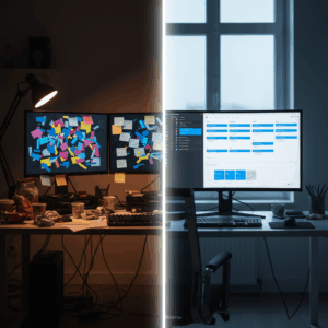 A photorealistic image of a split-screen workspace: on the left, a cluttered desk with multiple monitors displaying colorful, indistinct task cards and chaotic layouts; on the right, a sleek, integrated dashboard with clean Kanban boards and organized timelines. Cinematic lighting, professional studio quality, 8k.
