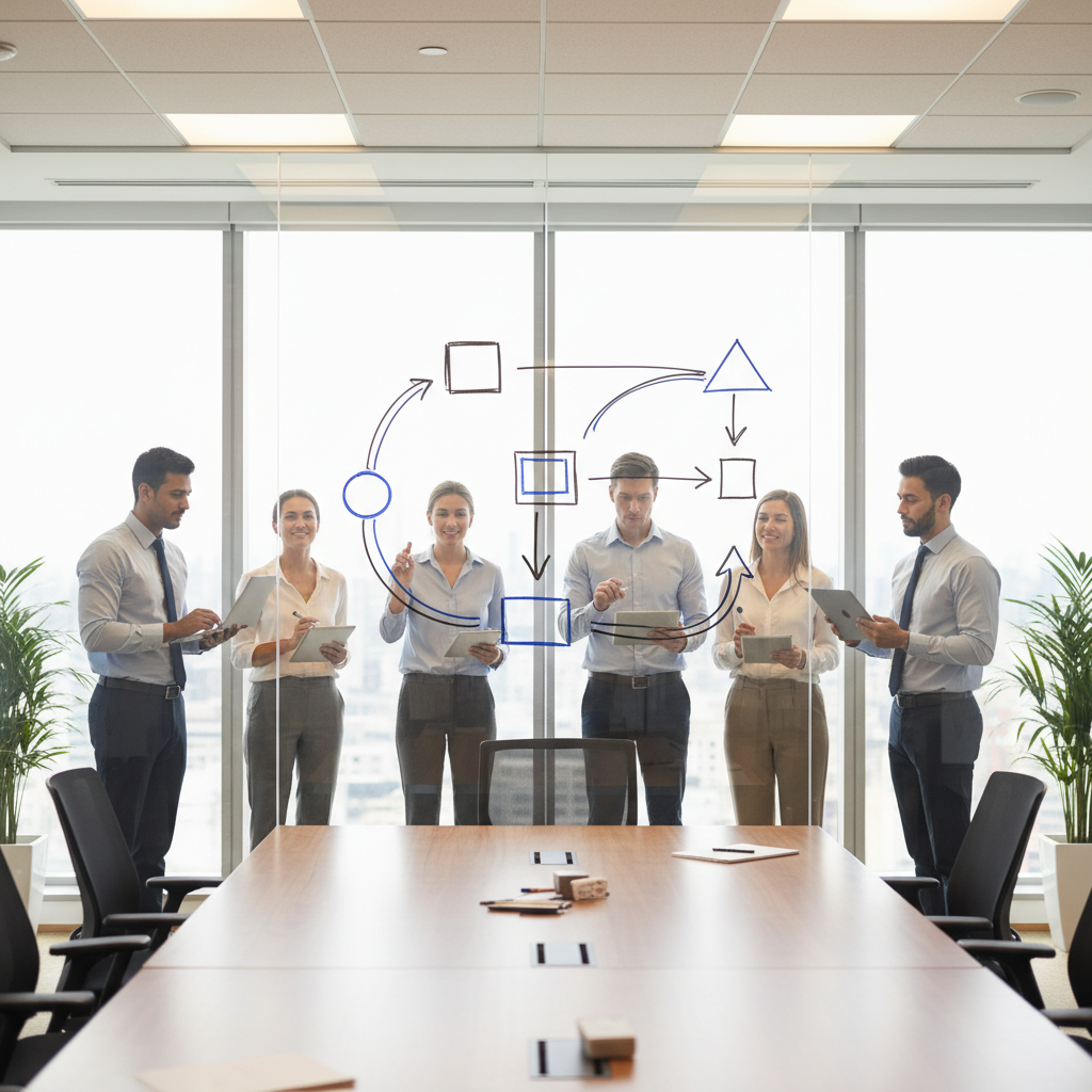 A photorealistic image of a bright conference room where a team maps real workflows on a large glass wall with a simple, unlabelled flow diagram using shapes and arrows; team members discuss with laptops and tablets; Cinematic lighting, professional studio quality, 8k.