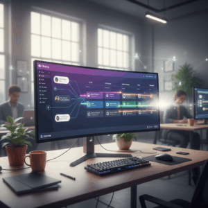A photorealistic image of a modern workspace with a large curved monitor displaying a ClickUp-style project management dashboard where team feedback flows into task cards that rapidly advance toward delivery, connected by glowing automation lines. Cinematic lighting, professional studio quality, 8k.