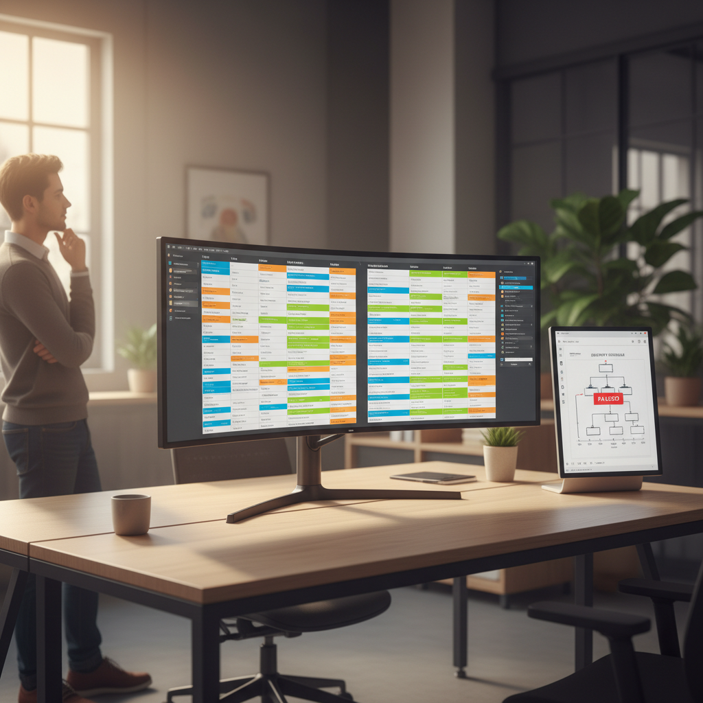 A photorealistic image of a contemporary desk with a large monitor showing a kanban board of colorful task cards clustered in the middle columns, and a secondary screen illustrating a paused delivery timeline, while a team member looks on in contemplation. Cinematic lighting, professional studio quality, 8k.