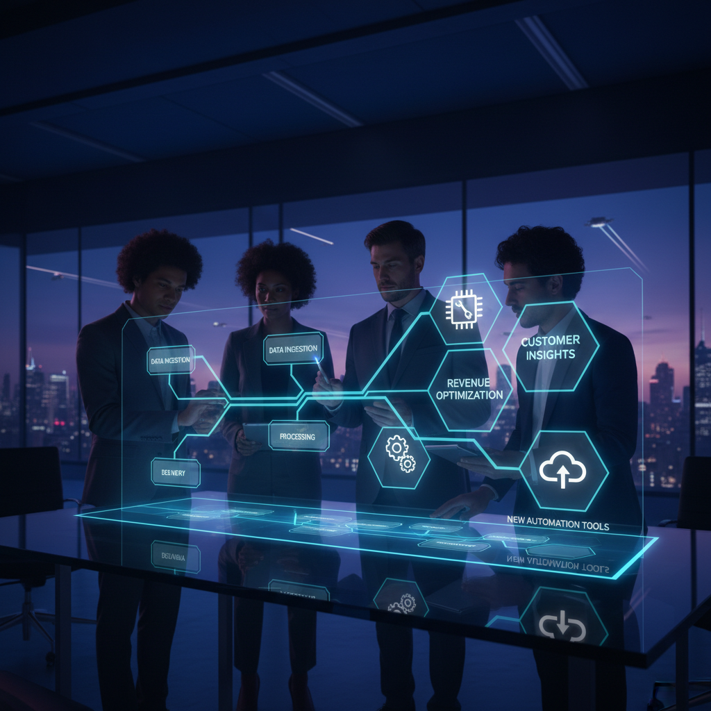 A photorealistic image of a high-tech workspace where a holographic diagram displays an automated workflow linking task cards to value-producing outcomes, with glowing pathways and new automation icons suggesting tools not yet used, as a team collaborates in the background. Cinematic lighting, professional studio quality, 8k.