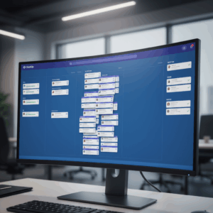 A photorealistic image of a ClickUp-style project management dashboard on a large monitor, showing a Kanban board where one narrow column is densely packed with indistinct task cards while the adjacent columns have far fewer cards, illustrating an invisible bottleneck in the workflow. Cinematic lighting, professional studio quality, 8k.